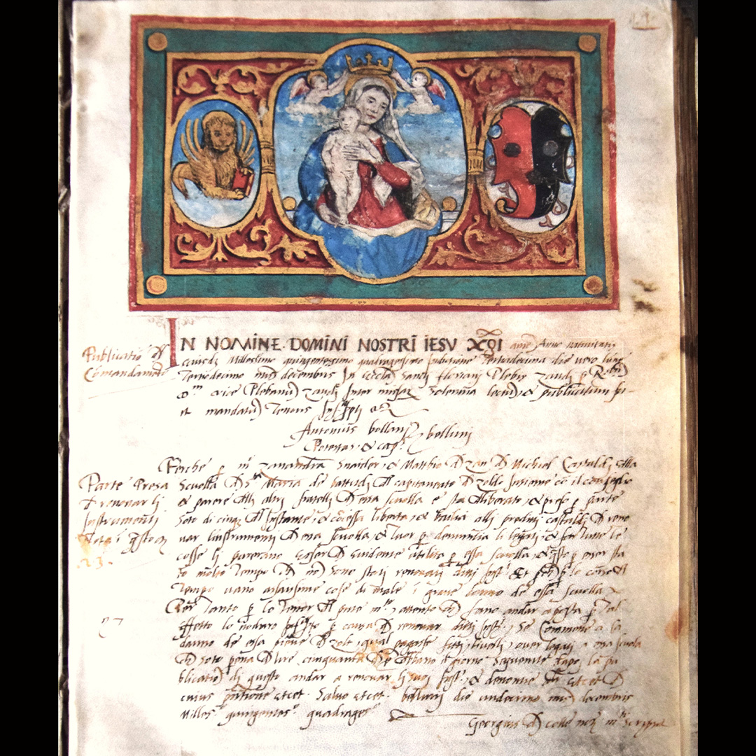 Disegno policromo della Madonna, con leone marciano “in moeca” e stemma cittadinesco della famiglia Colle di Belluno, titolare di possedimenti e attività economiche in Val di Zoldo.